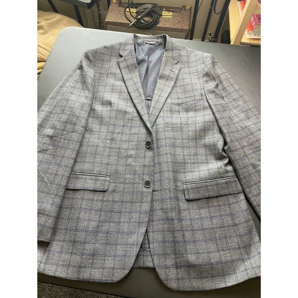 Tommy Hilfiger Blazer Mens 40R Grey Blue Windowpane Worsted  Wool Blend Jacket